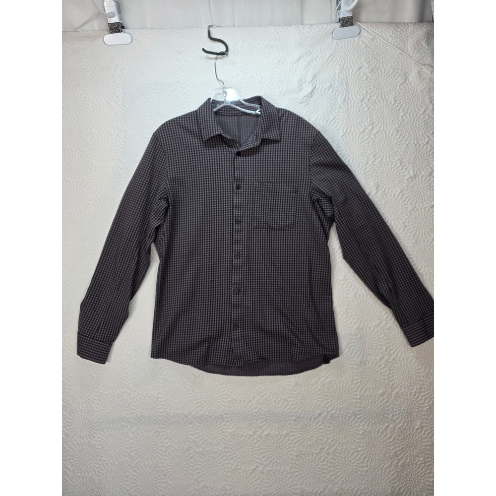 Lululemon Commission Button Down Shirt Men Size‎ M Grey Check Long Sleeve EUC